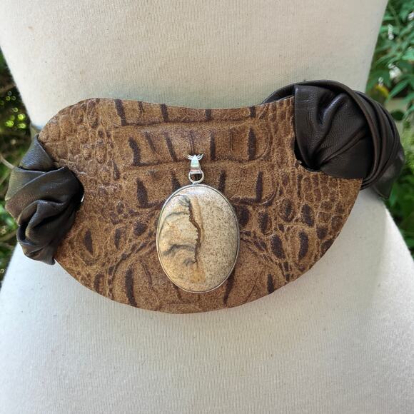 Handmade Leather Fashion Belt OOAK Tie Wrap 43” Brown Croc Stone Pendant Boho - Picture 1 of 9